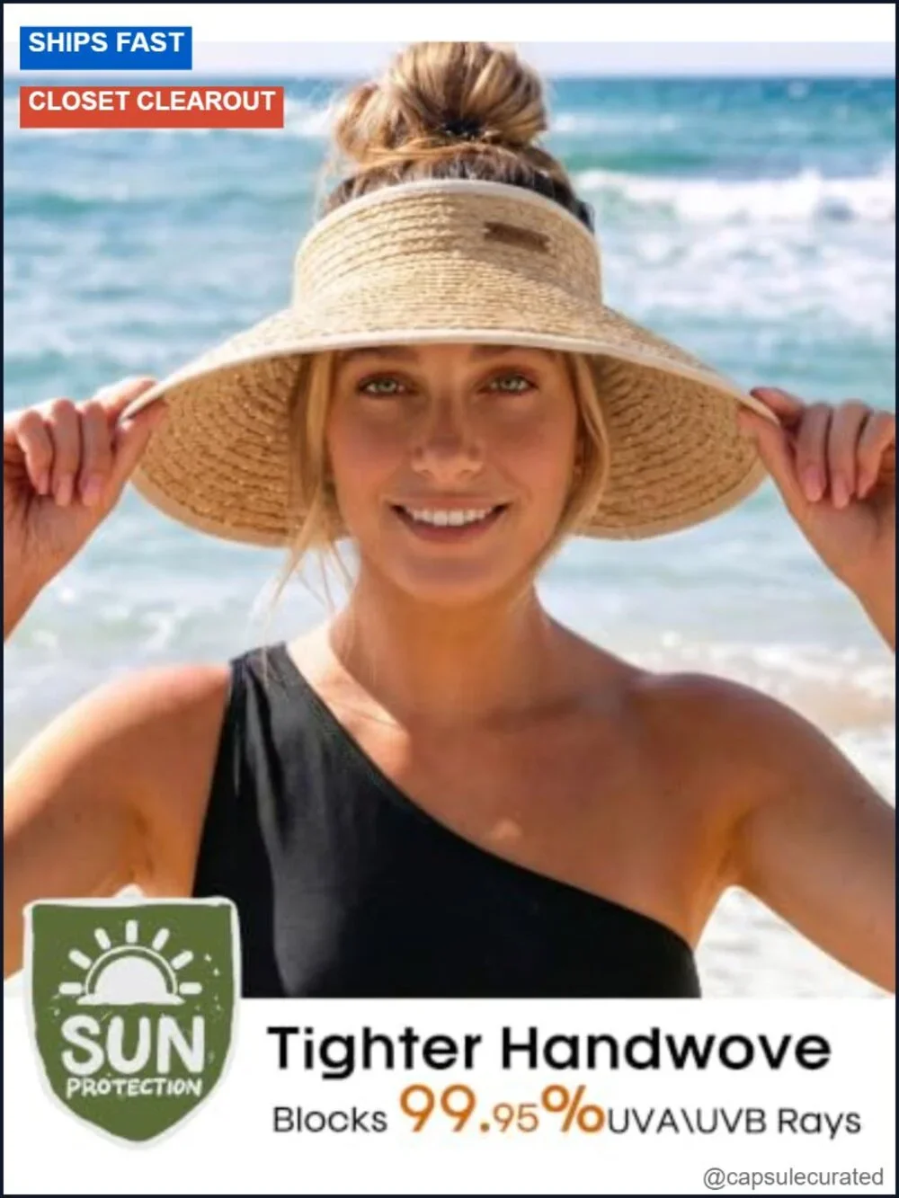 Wide Brim Ponytail Sun Hat Raffia Straw Packable Beach UV Protection